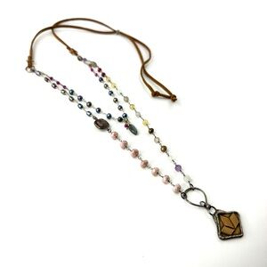 Mixed Gemstone Sundance Inspired Necklace, Vintage Metal Pendant